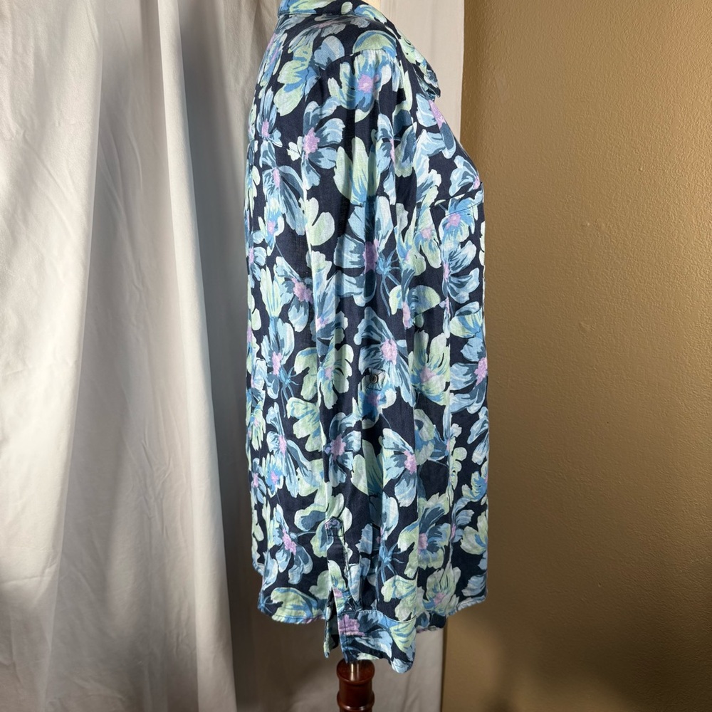 Linen Button Up Long‎ Adjustable Sleeve Navy Floral Charter Club Women’s Size 2X - Picture 9 of 11
